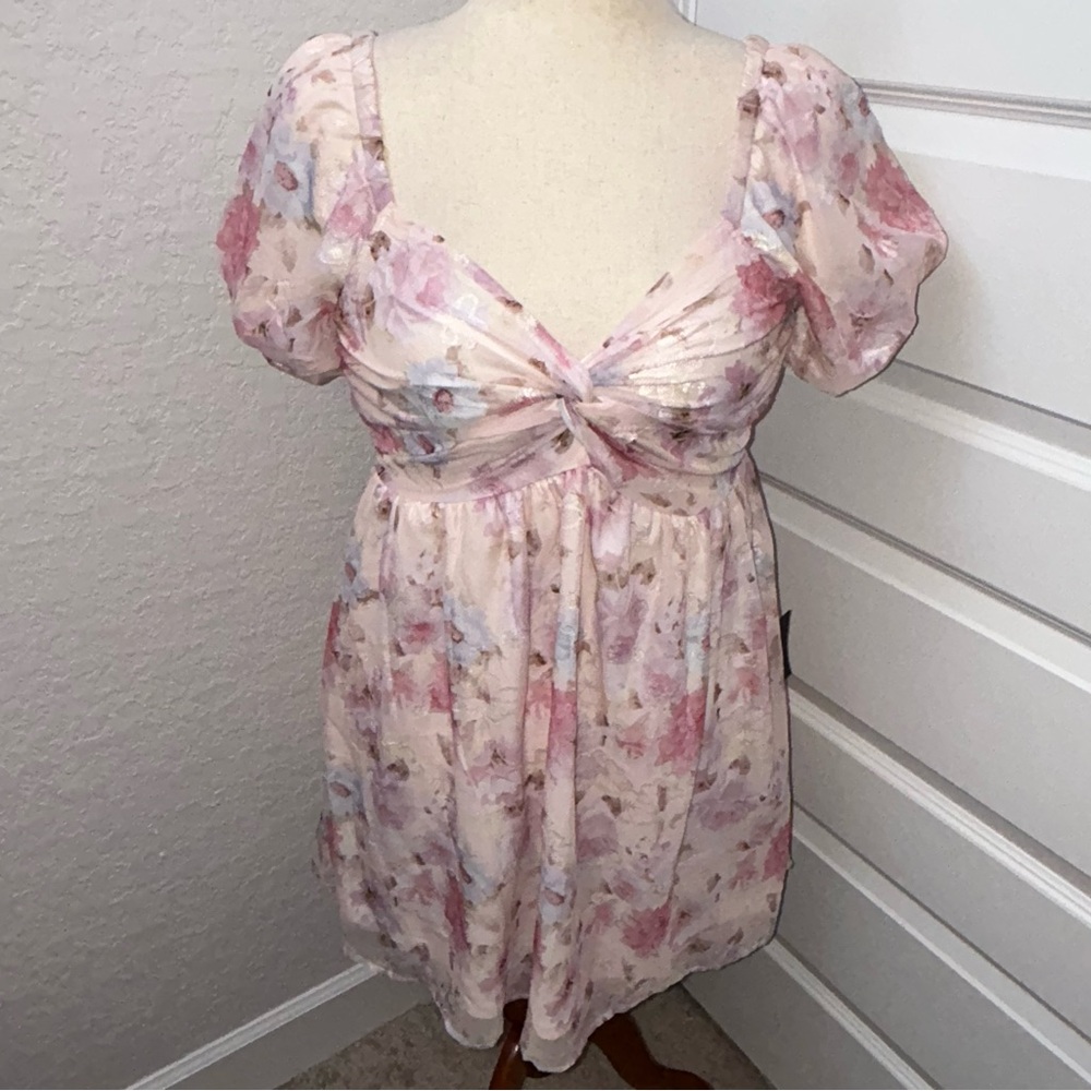 New, Lulus Fresh Florals Print Puff Short Sleeve Mini Dress